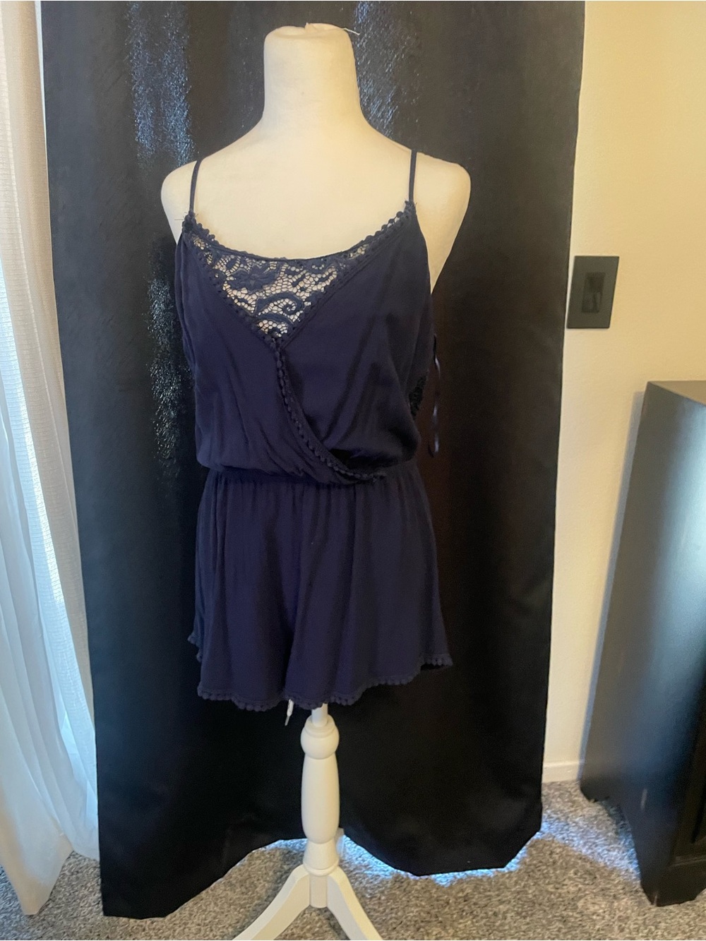 Navy Lace-Trim Romper